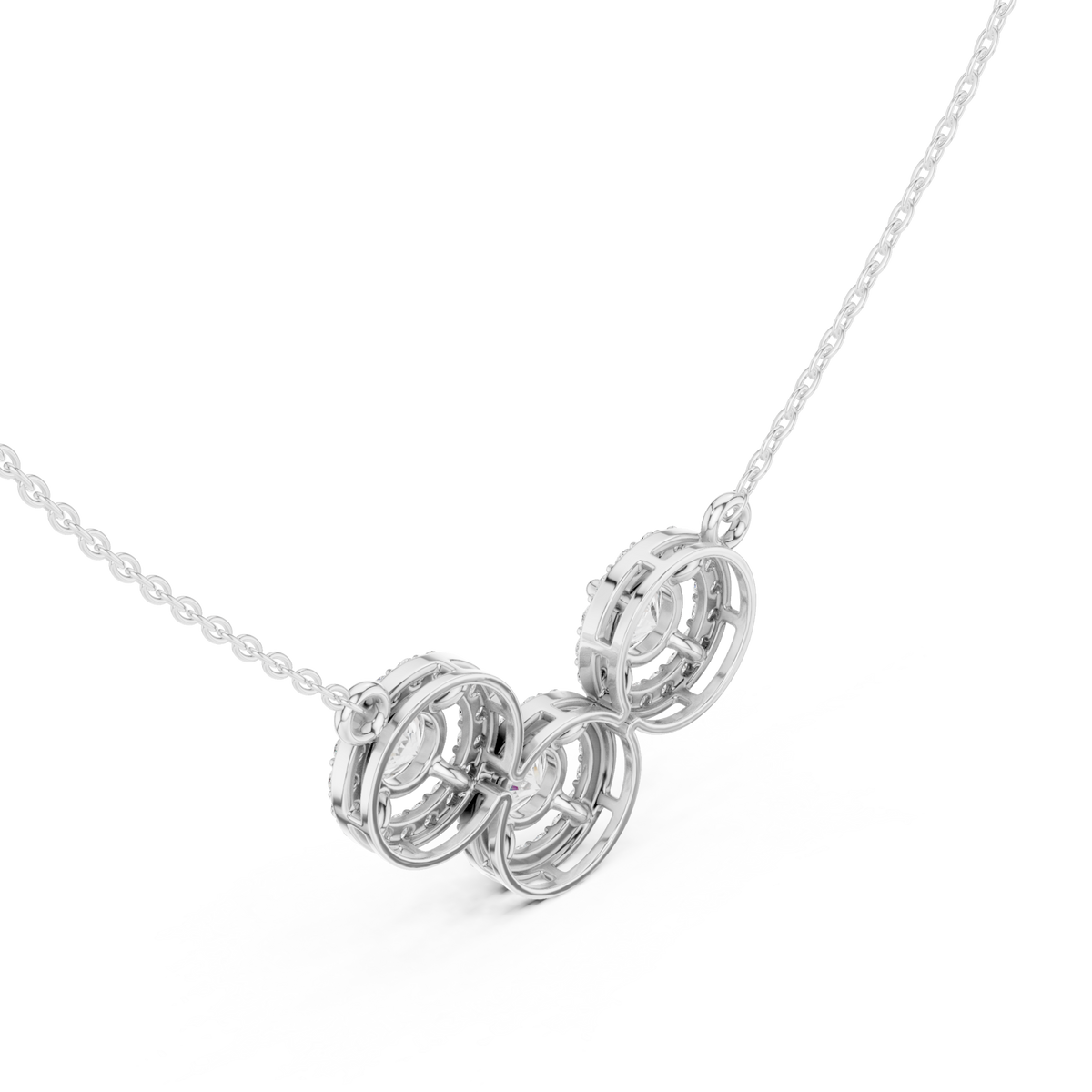 Trinity halo cluster necklace white gold angle view