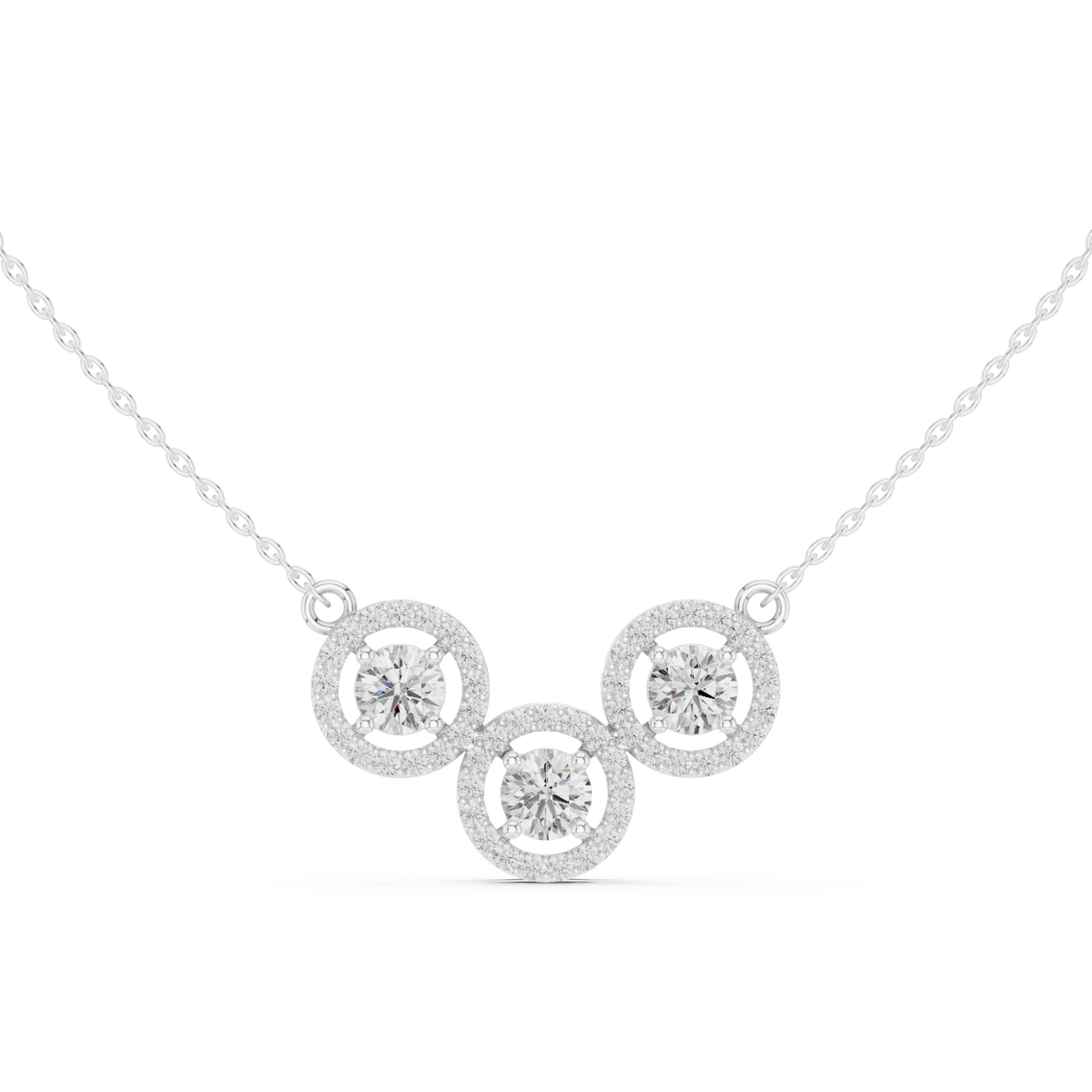 Trinity halo cluster necklace white gold detail view