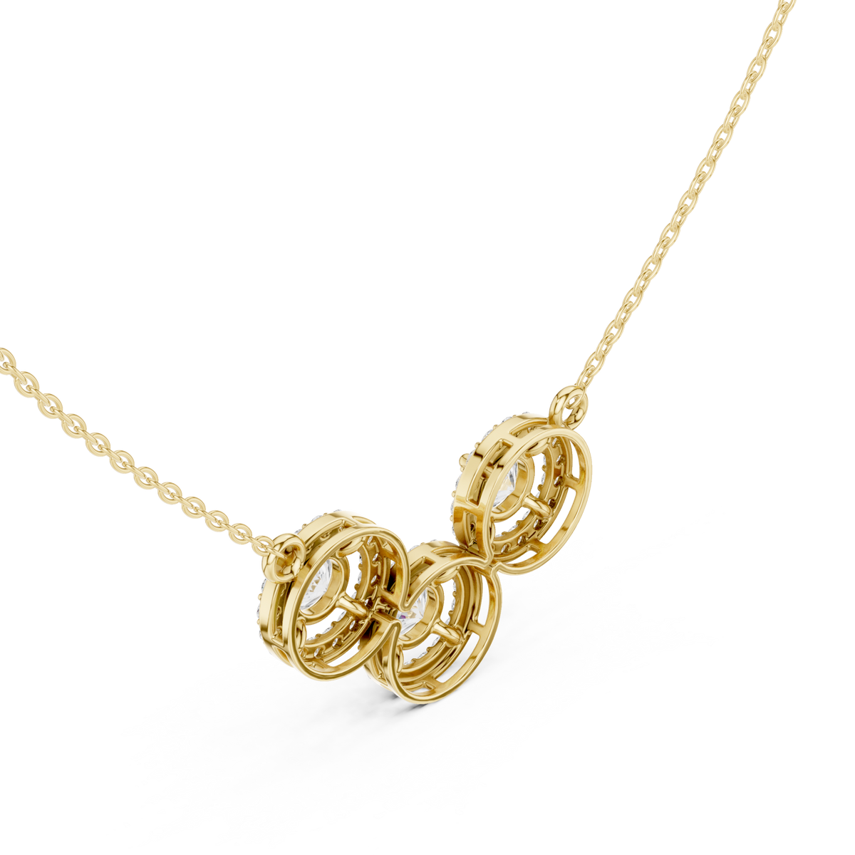Trinity halo cluster necklace yellow gold angle view