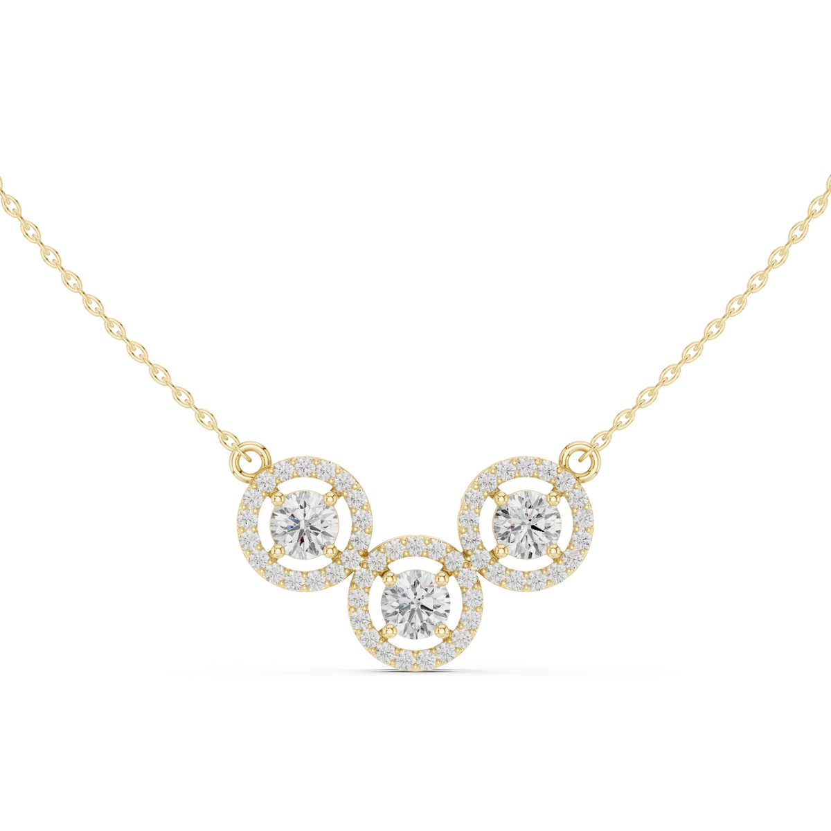 Trinity halo cluster necklace yellow gold detail view