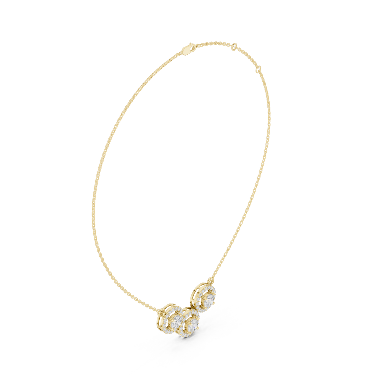 Trinity halo cluster necklace yellow gold front view