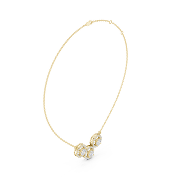 Trinity halo cluster necklace yellow gold front view