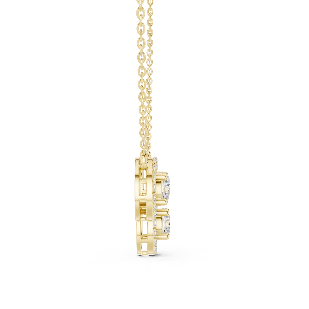 Trinity halo cluster necklace yellow gold side view