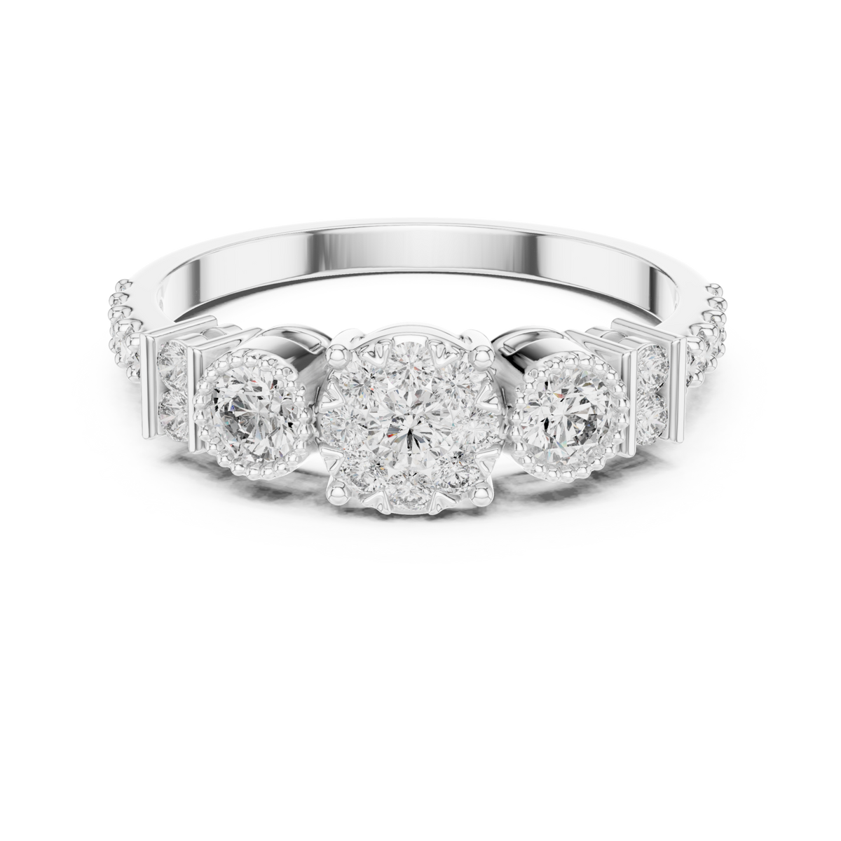 Trio cluster bar-accent diamond ring white gold detail view