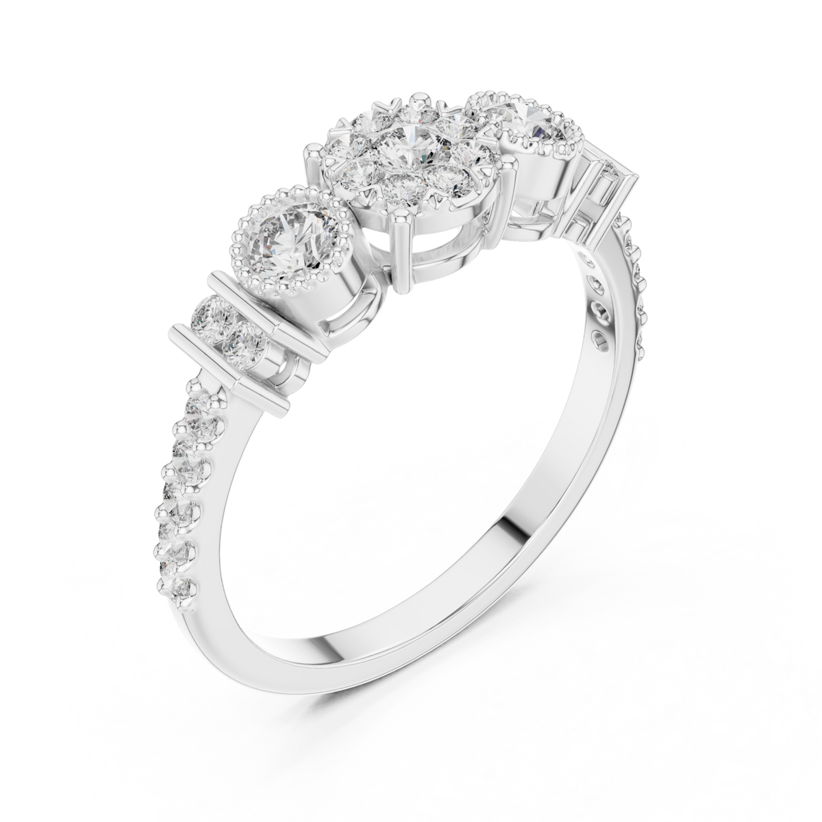 Trio cluster bar-accent diamond ring white gold front view
