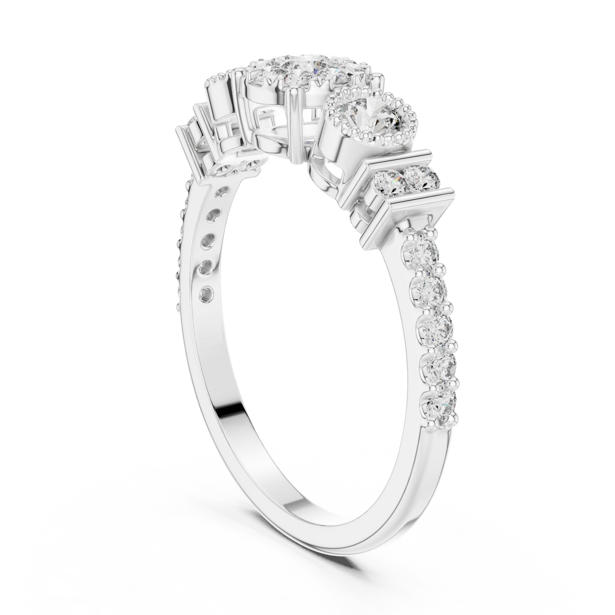 Trio cluster bar-accent diamond ring white gold side view