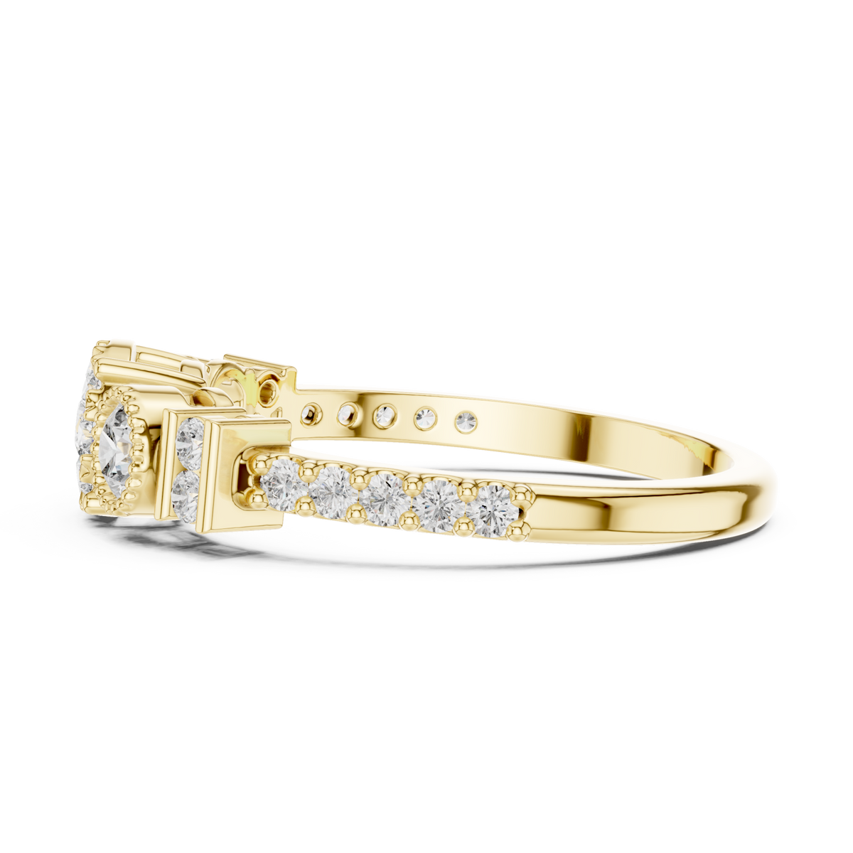 Trio cluster bar-accent diamond ring yellow gold angle view