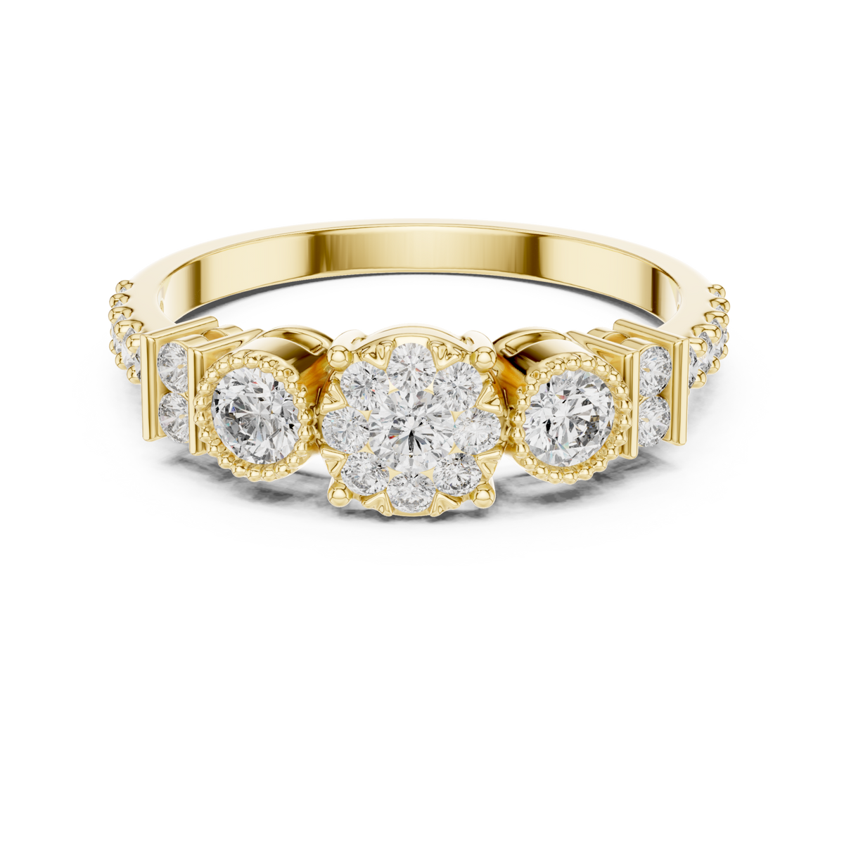 Trio cluster bar-accent diamond ring yellow gold detail view