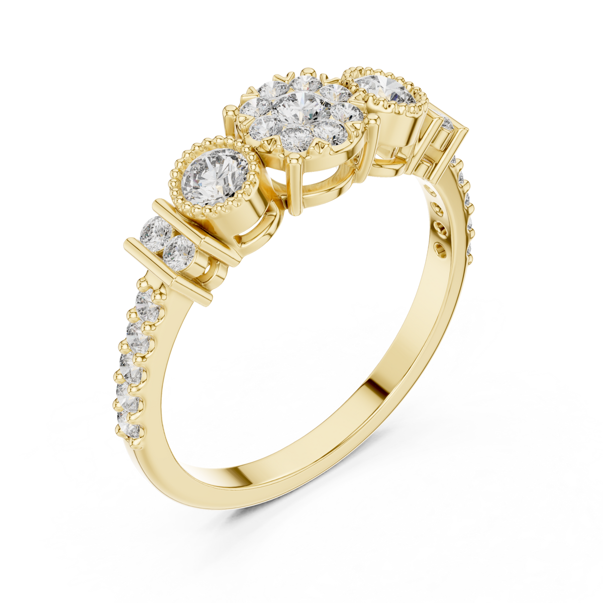 Trio cluster bar-accent diamond ring yellow gold front view
