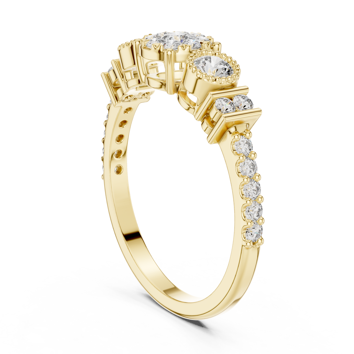 Trio cluster bar-accent diamond ring yellow gold side view
