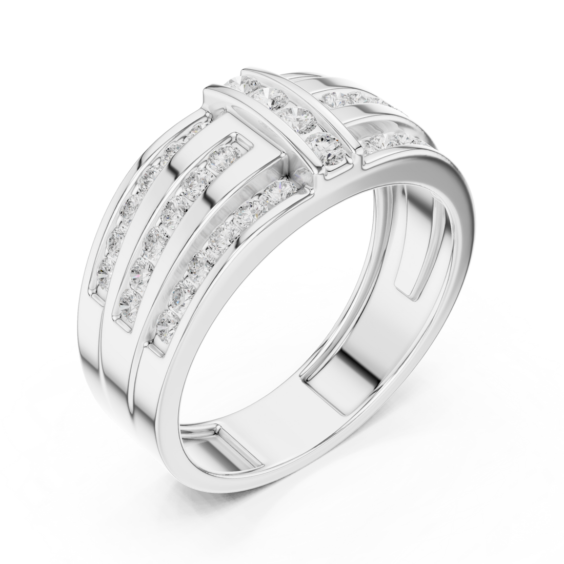  White Gold Triple-Row Channel Station Band for Him Front View