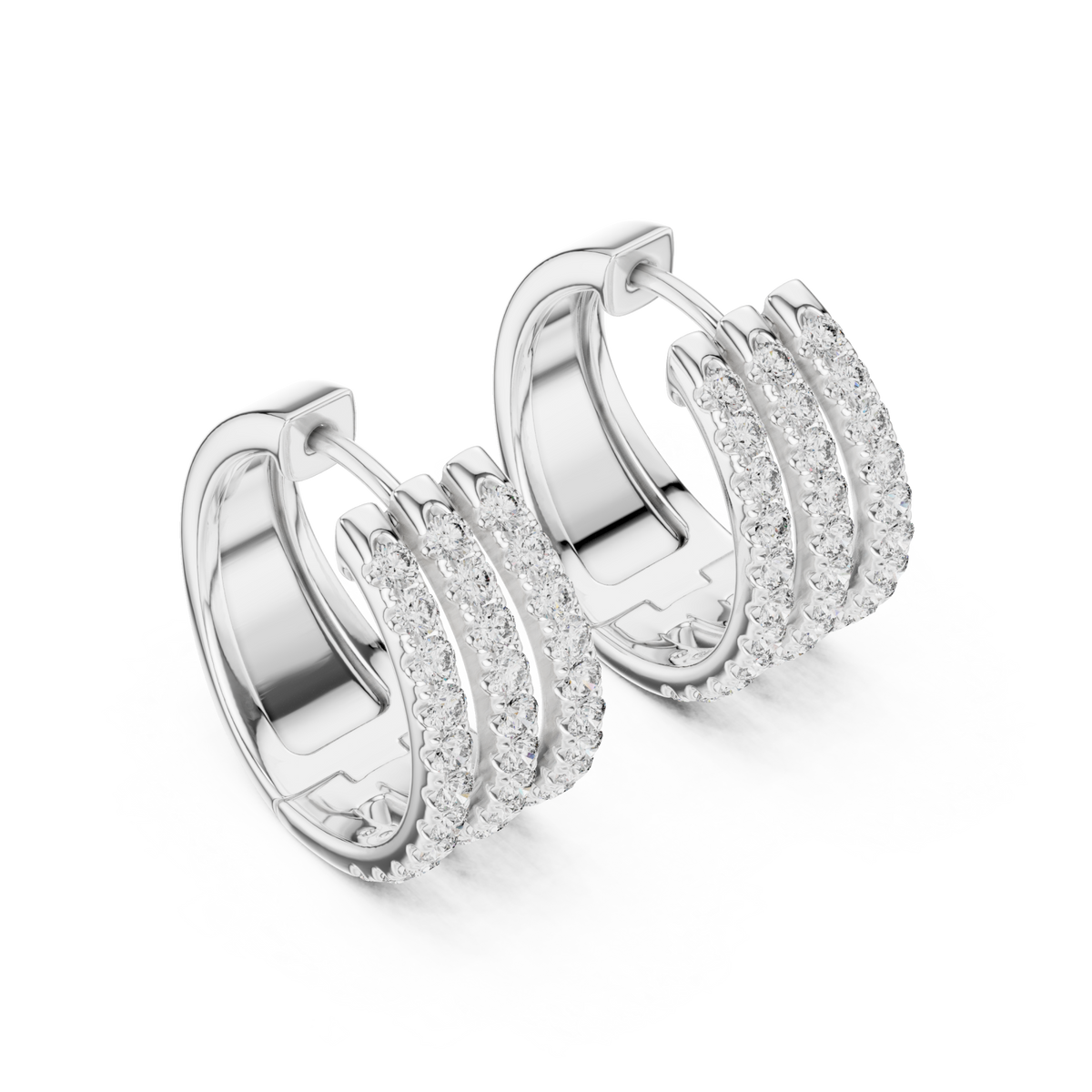  White Gold Triple Row Pave Huggie Hoops Angle View