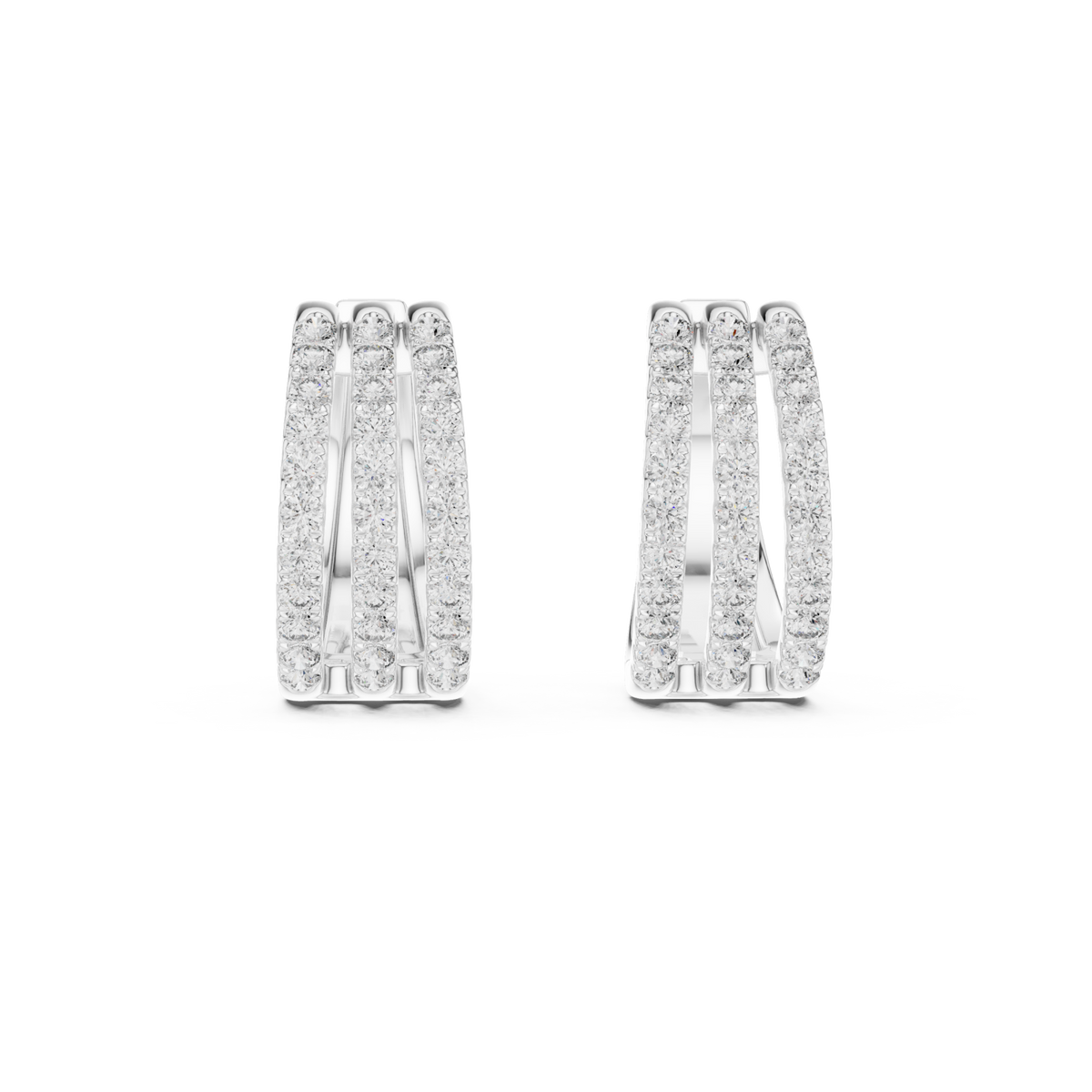  White Gold Triple Row Pave Huggie Hoops Detail View
