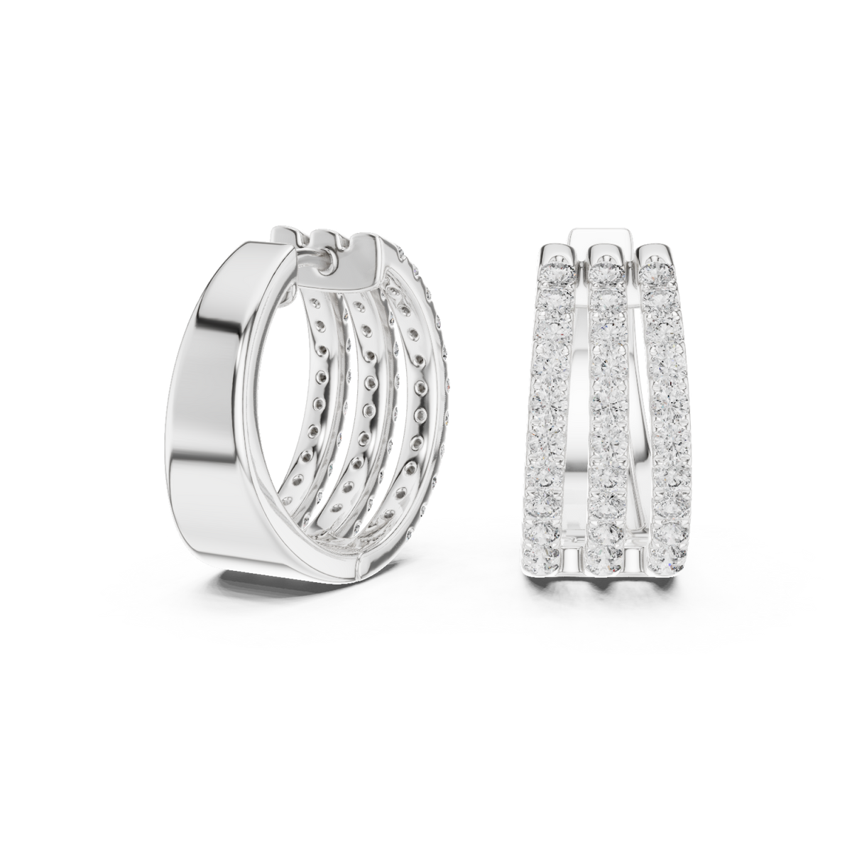  White Gold Triple Row Pave Huggie Hoops Front View