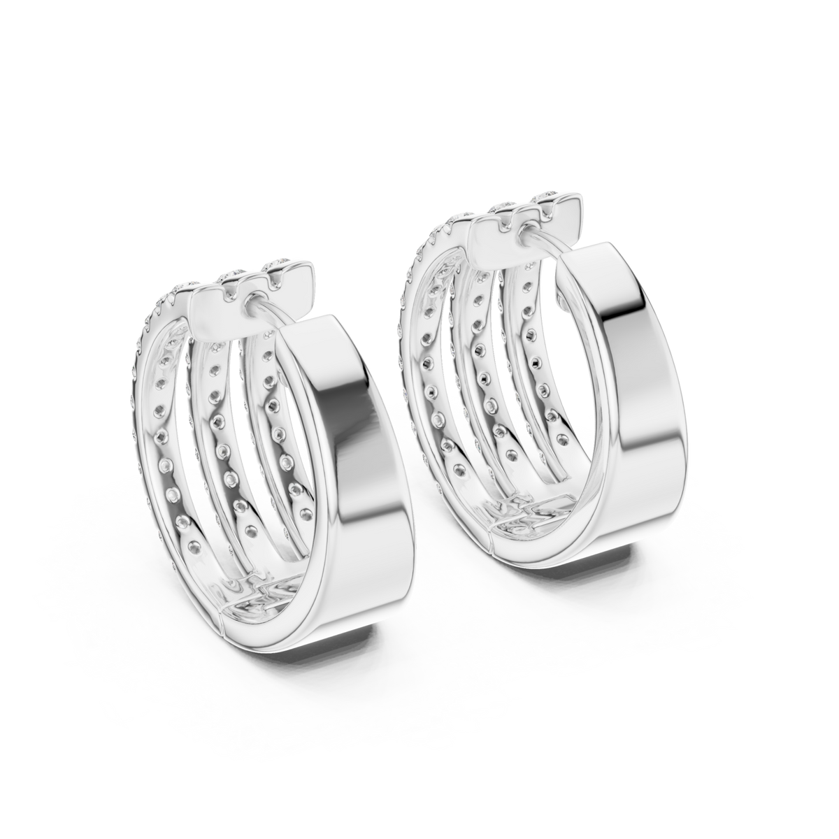  White Gold Triple Row Pave Huggie Hoops Side View