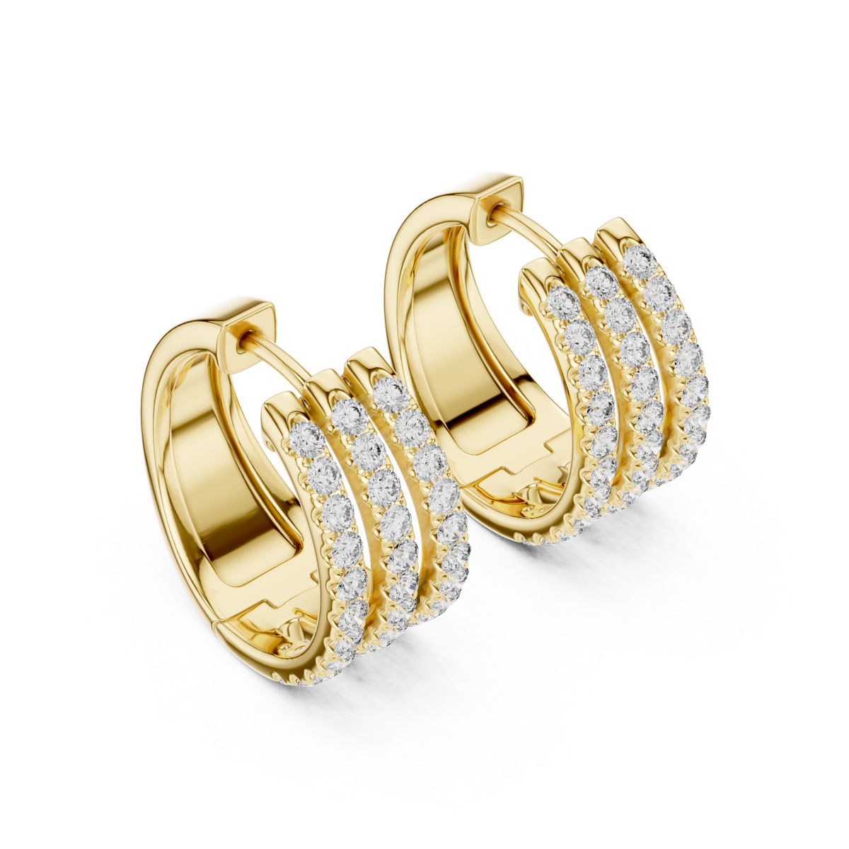  Gold Triple Row Pave Huggie Hoops Angle View