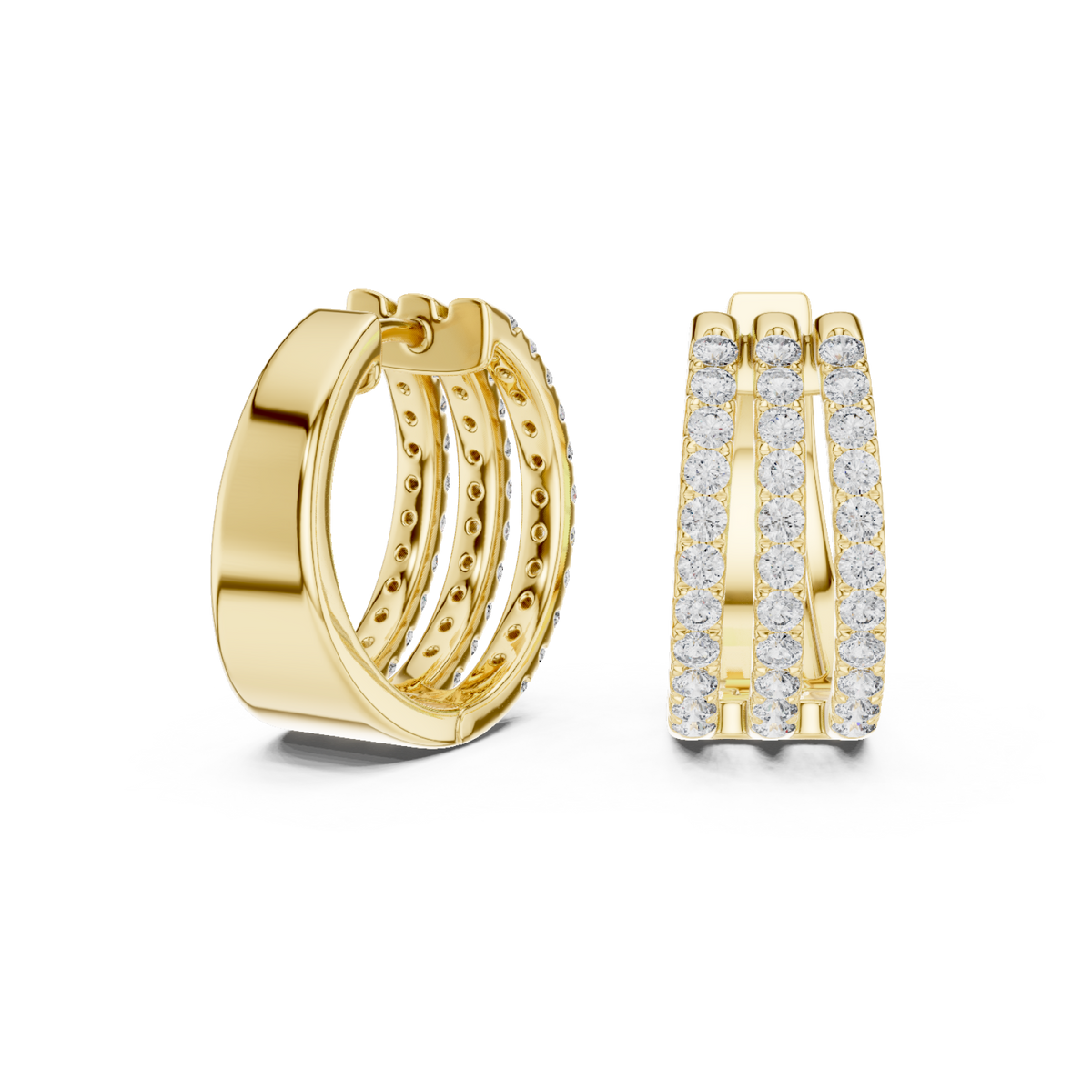 Gold Triple Row Pave Huggie Hoops Front View