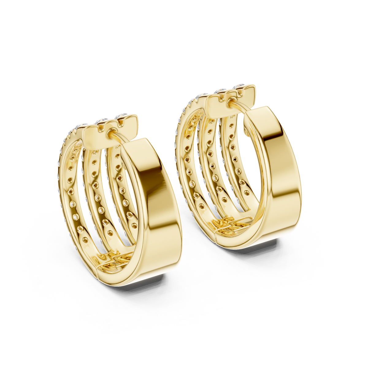  Gold Triple Row Pave Huggie Hoops Side View