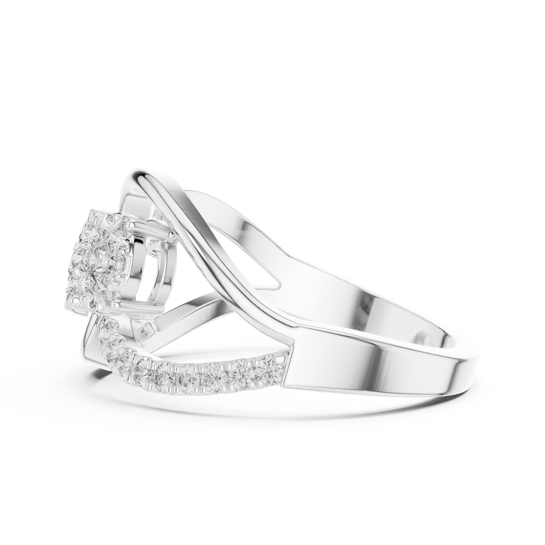 Twin cluster crossover ring white gold front view