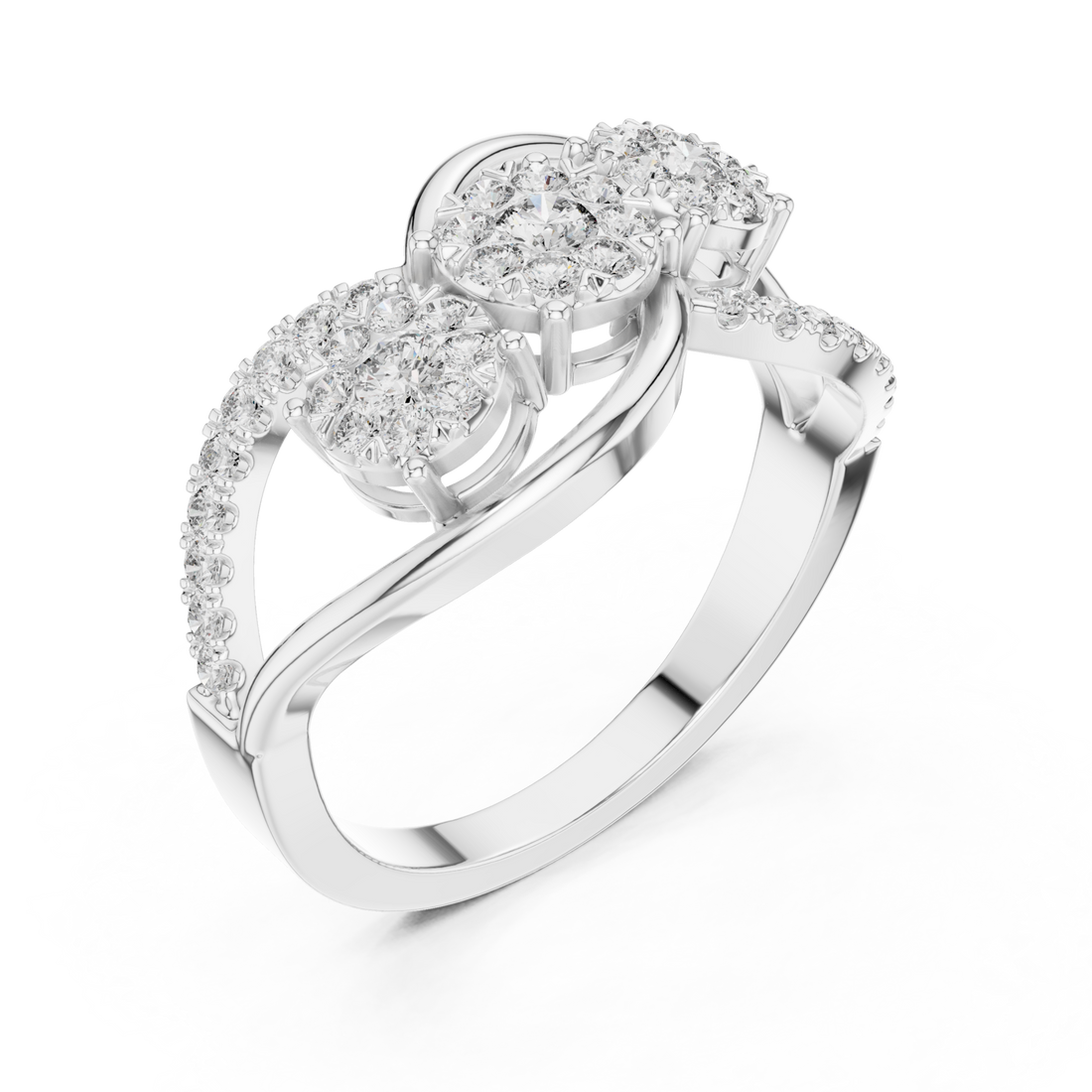 Twin cluster crossover ring white gold front view