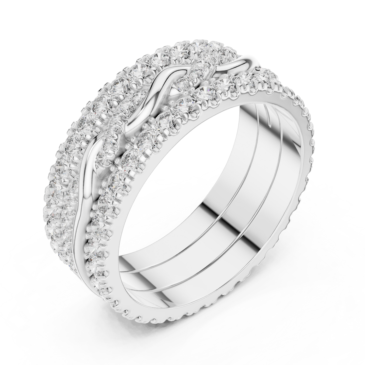 Twist center triple-row eternity band white gold front view