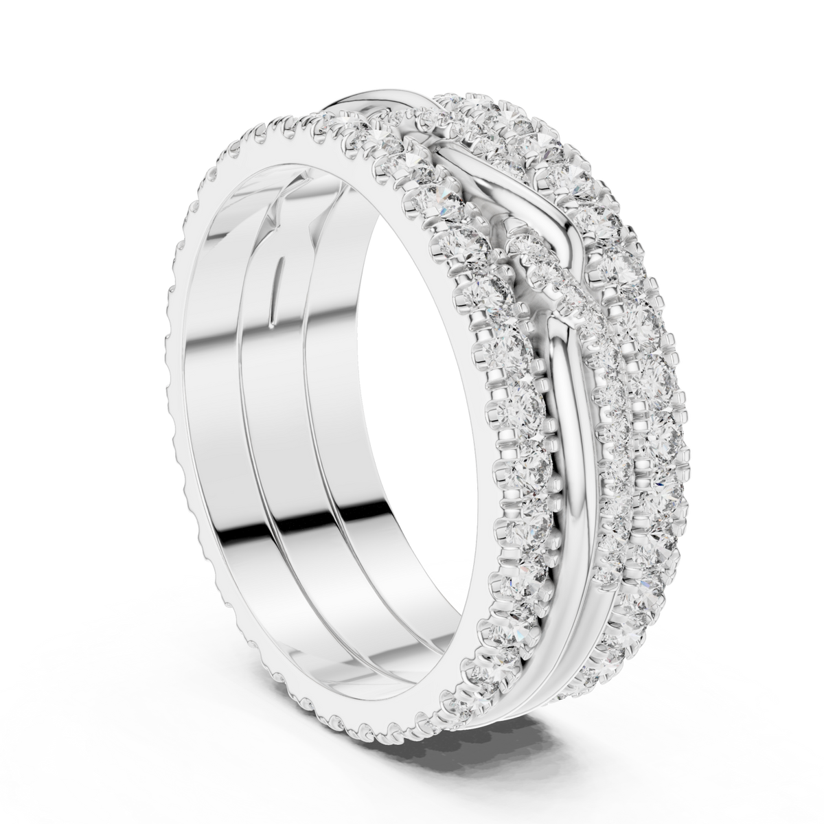 Twist center triple-row eternity band white gold side view