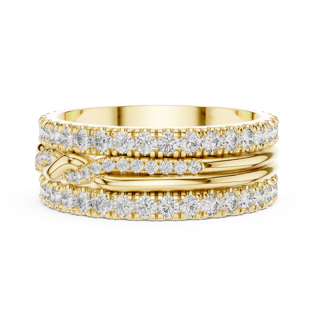 Twist center triple-row eternity band yellow gold front view