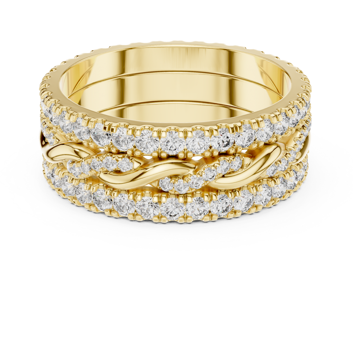 Twist center triple-row eternity band yellow gold detail view