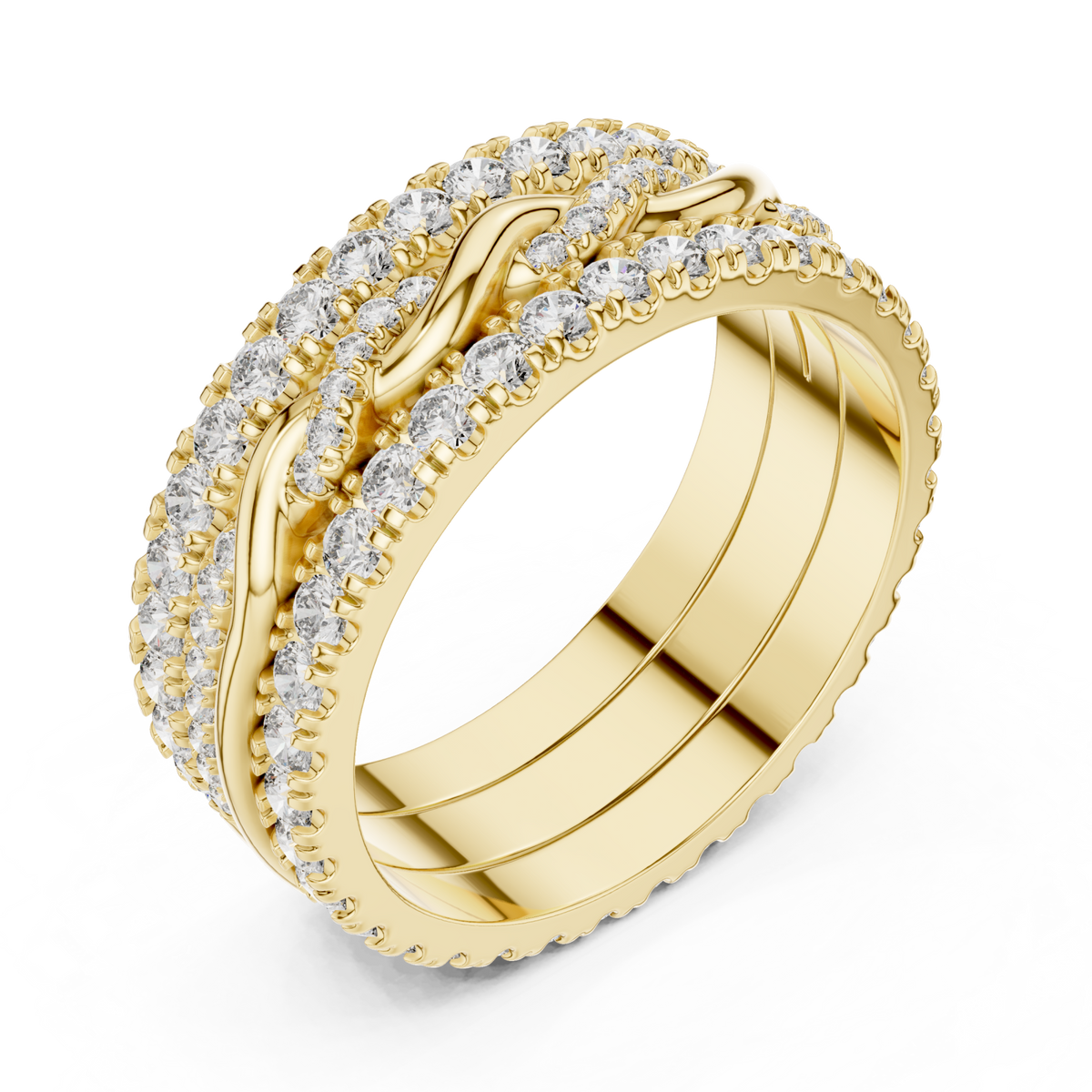 Twist center triple-row eternity band yellow gold front view