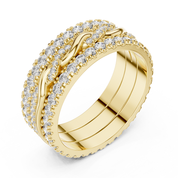 Twist center triple-row eternity band yellow gold front view
