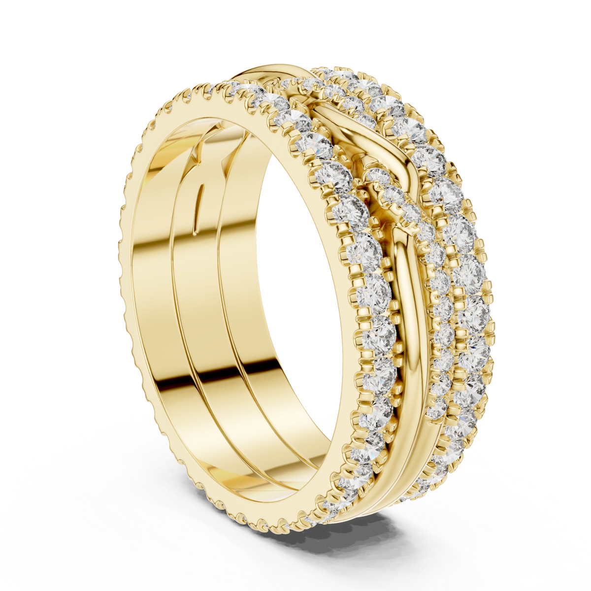 Twist center triple-row eternity band yellow gold side view