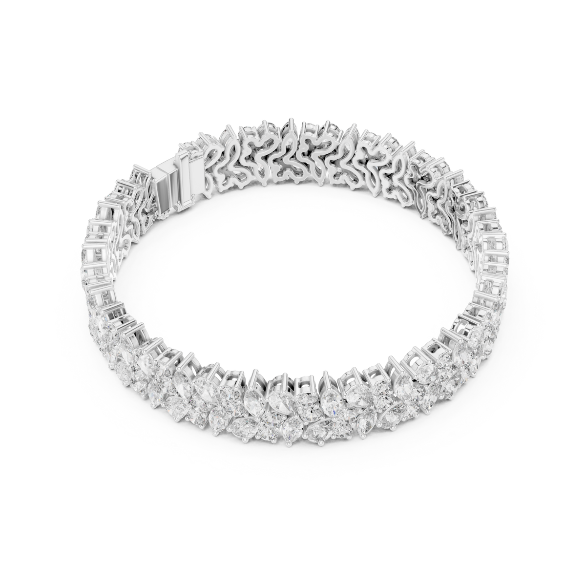  White Gold Two-Row Marquise and Pear Cluster Tennis Bracelet Side View