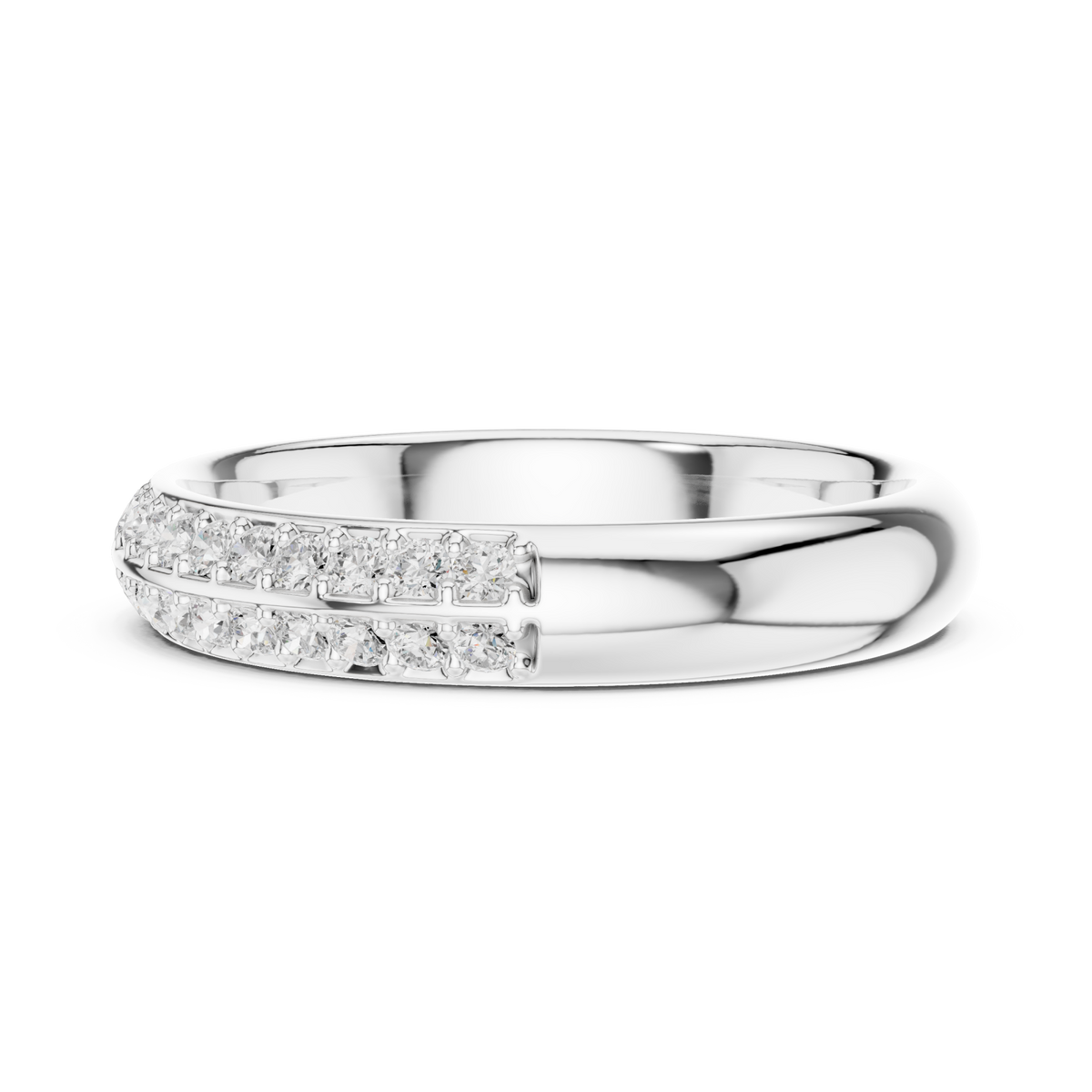 Two-row pave dome band white gold angle view
