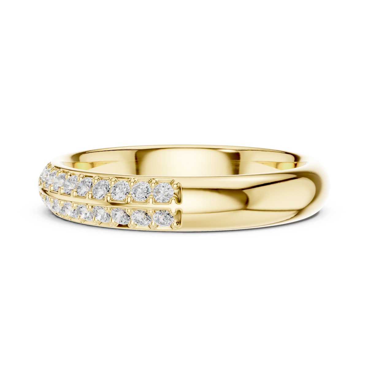 Two-row pave dome band yellow gold angle view