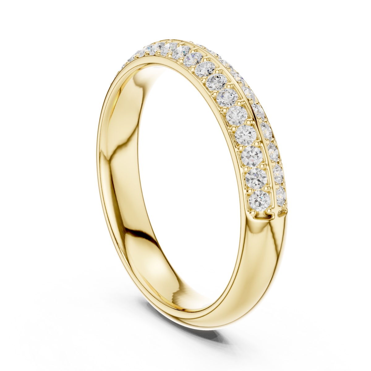 Two-row pave dome band yellow gold side view