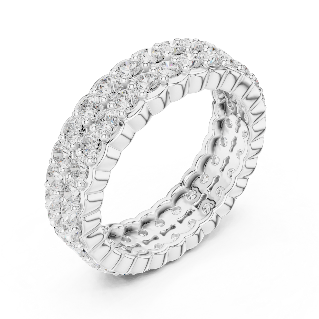 Two-row round shared-prong full eternity band white gold front view