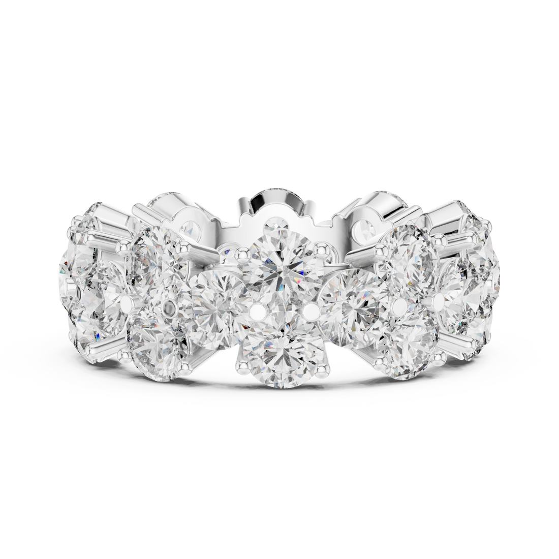 Two-row staggered round eternity band white gold front view