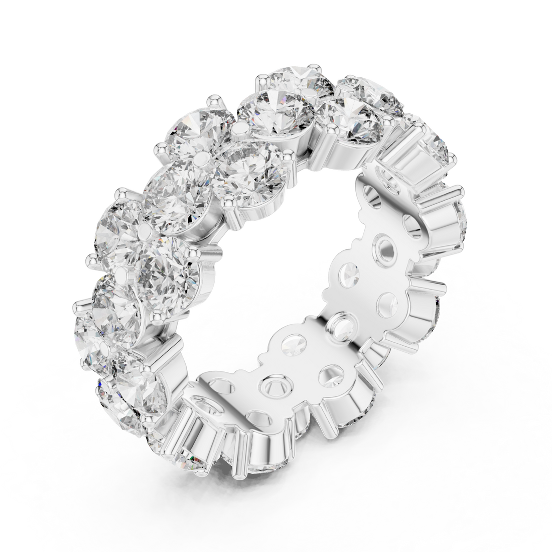 Two-row staggered round eternity band white gold front view