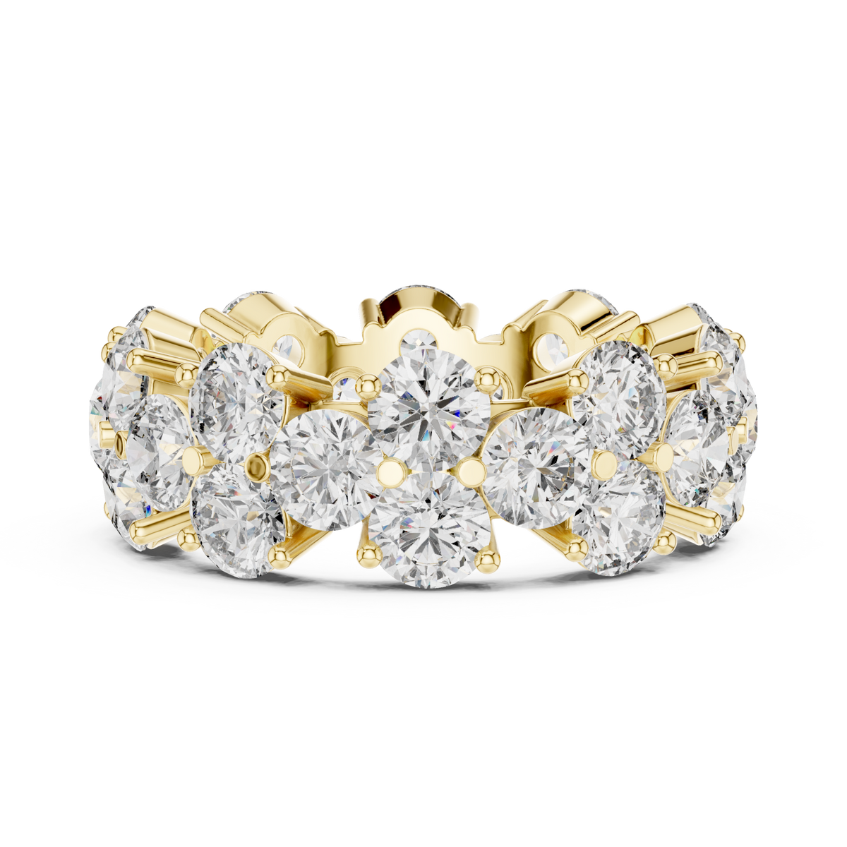 Two-row staggered round eternity band yellow gold angle view