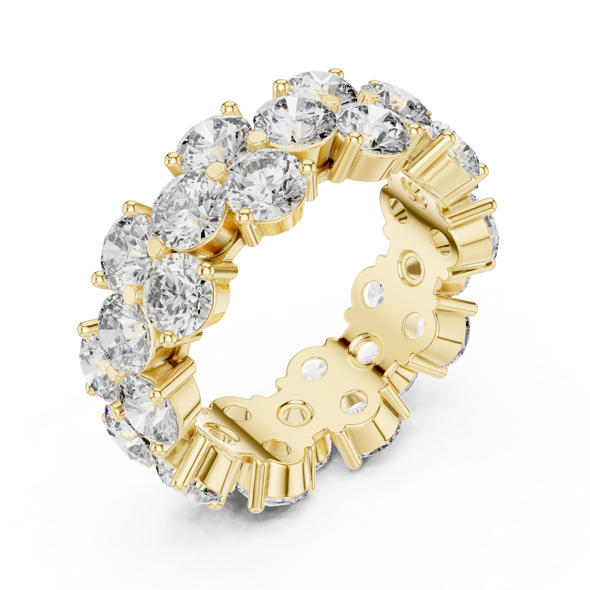 Two-row staggered round eternity band yellow gold front view
