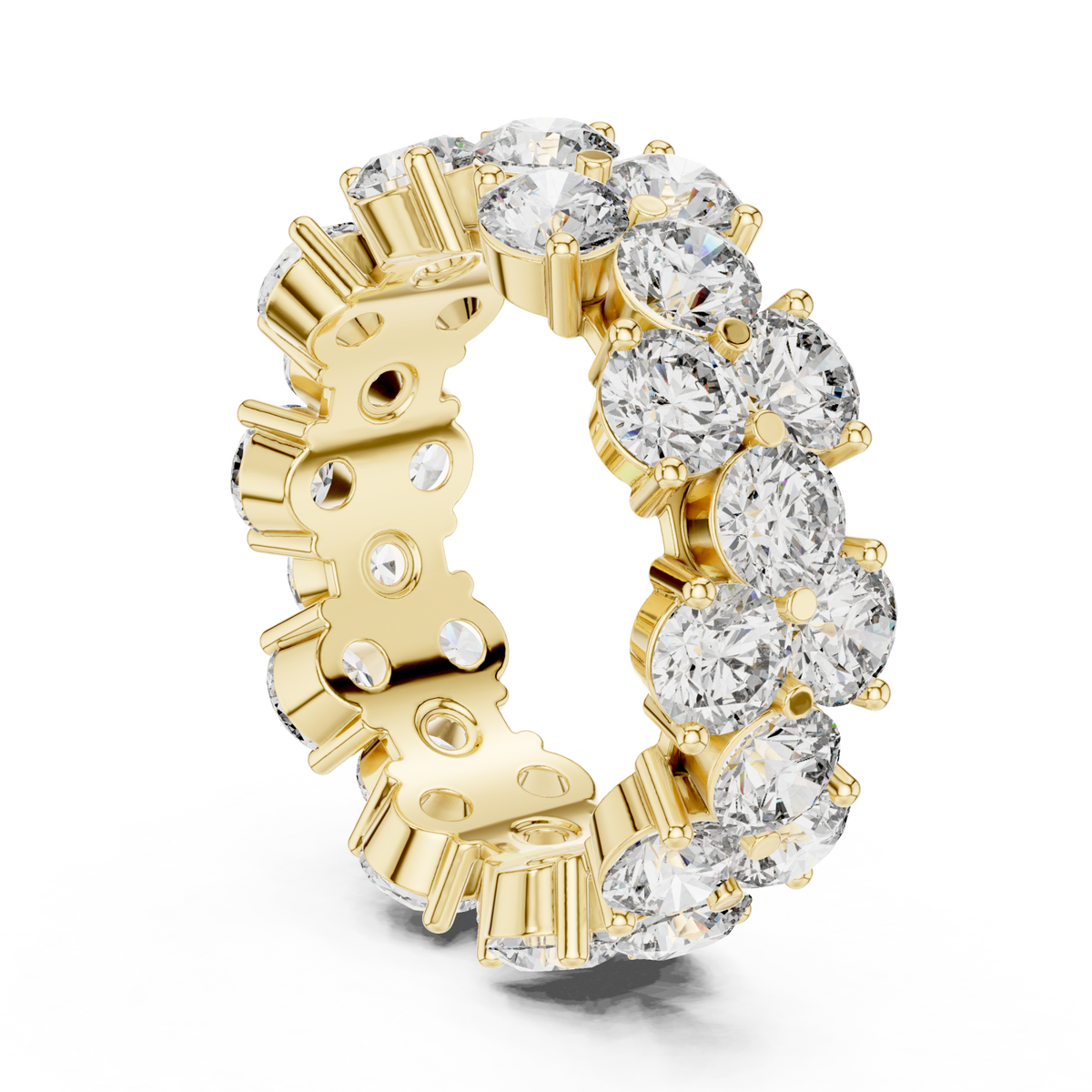 Two-row staggered round eternity band yellow gold side view
