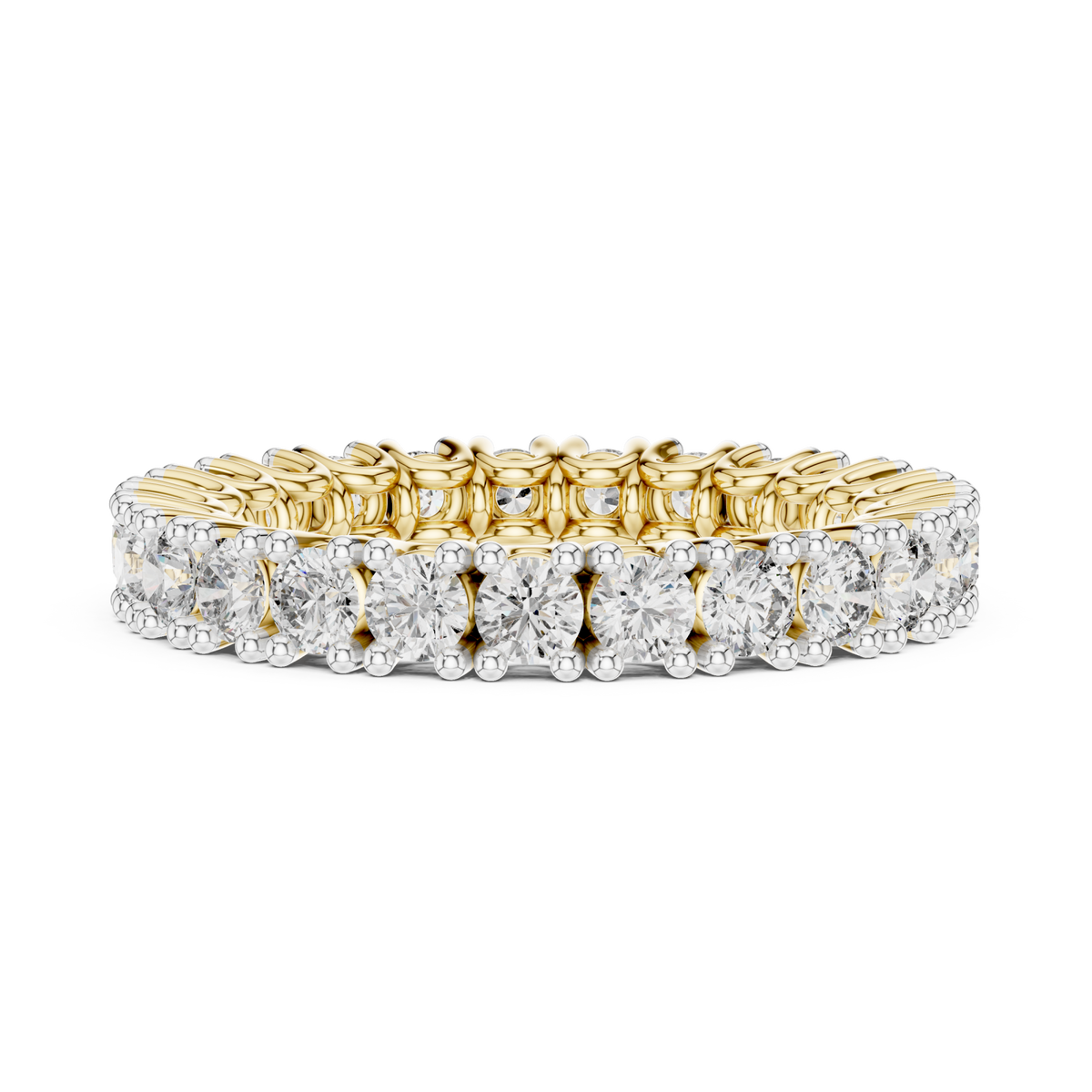 U-prong round eternity band yellow gold angle view