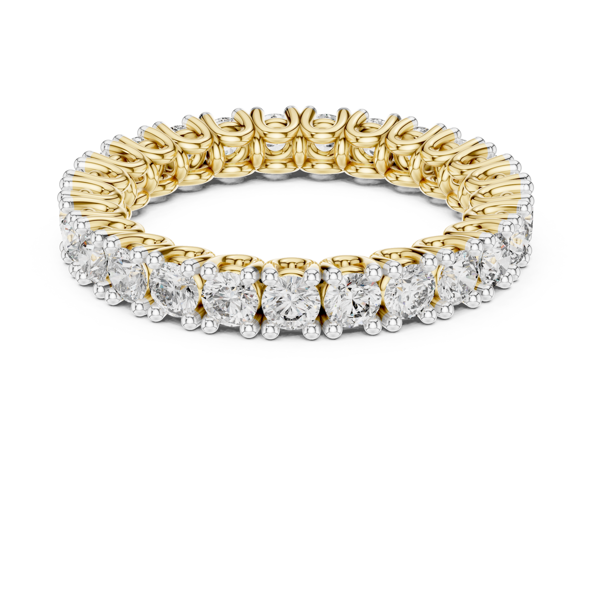 U-prong round eternity band yellow gold detail view