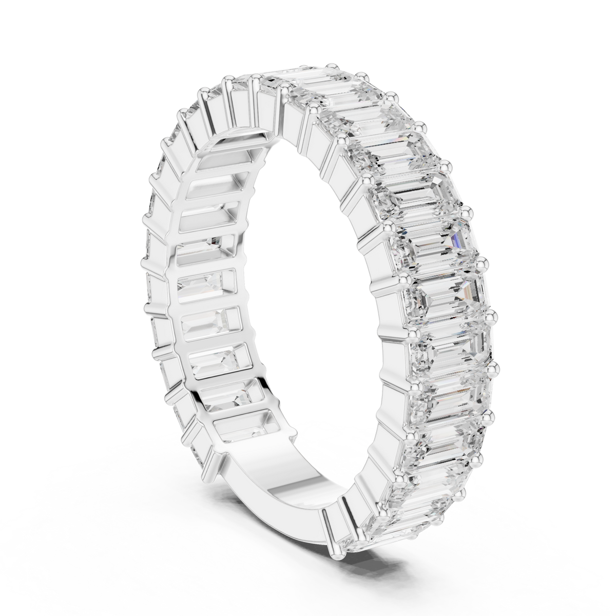 Vertical emerald-cut shared-prong full eternity band white gold side view