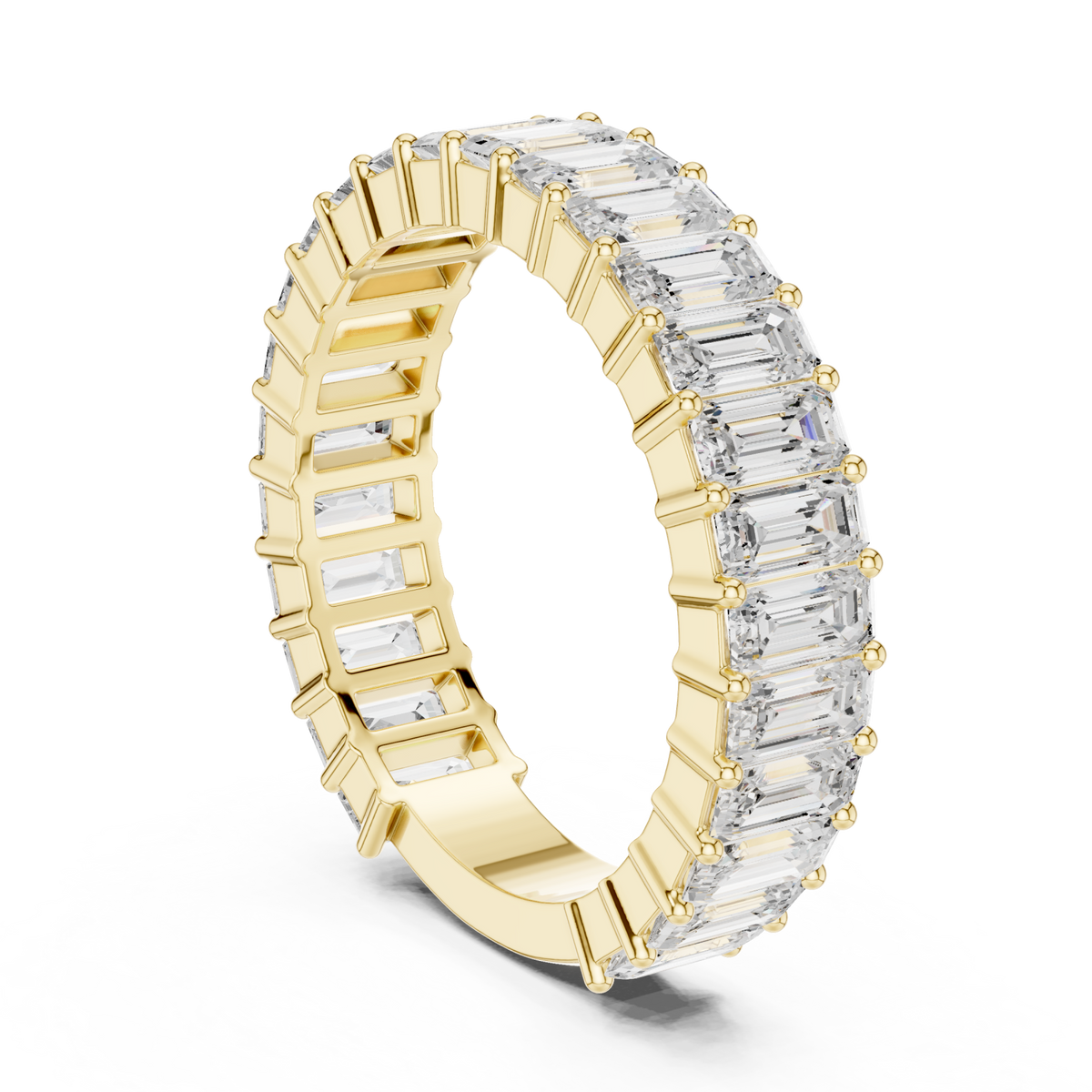 Vertical emerald-cut shared-prong full eternity band yellow gold side view