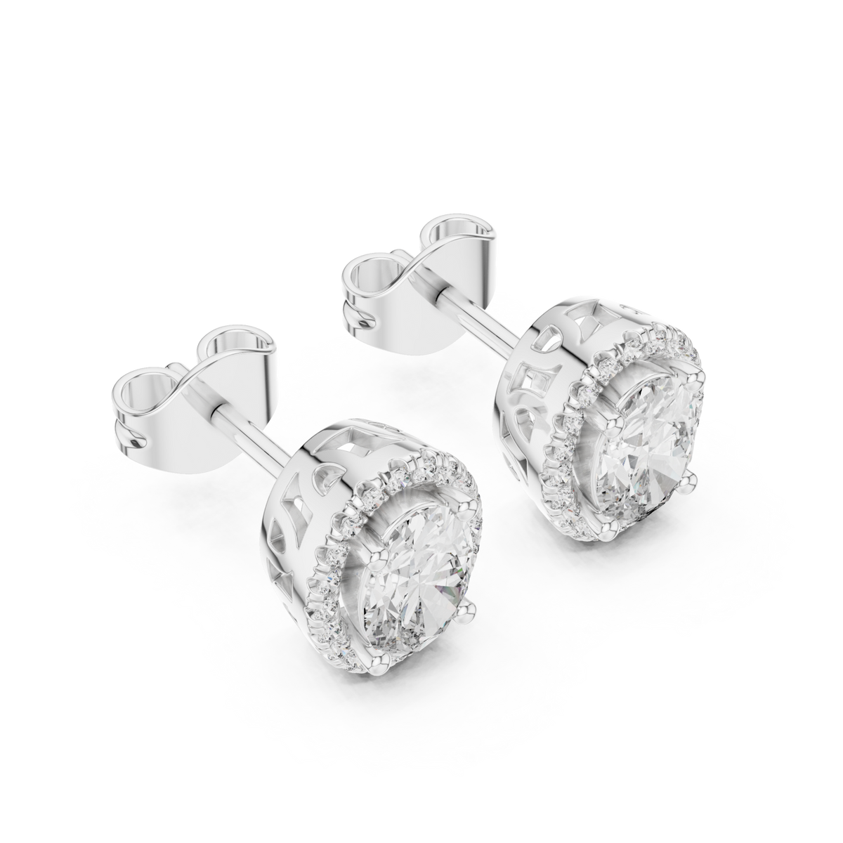  White Gold Vintage Oval Diamond Halo Studs Angle View