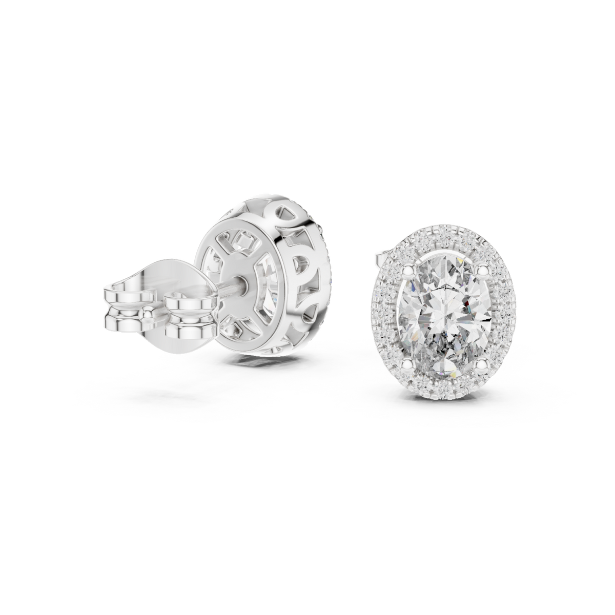  White Gold Vintage Oval Diamond Halo Studs Front View