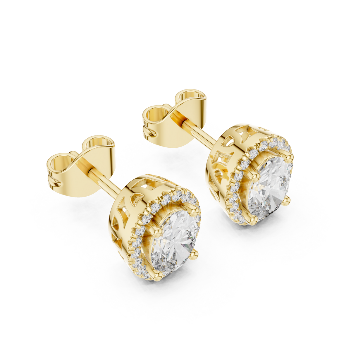  Gold Vintage Oval Diamond Halo Studs Angle View