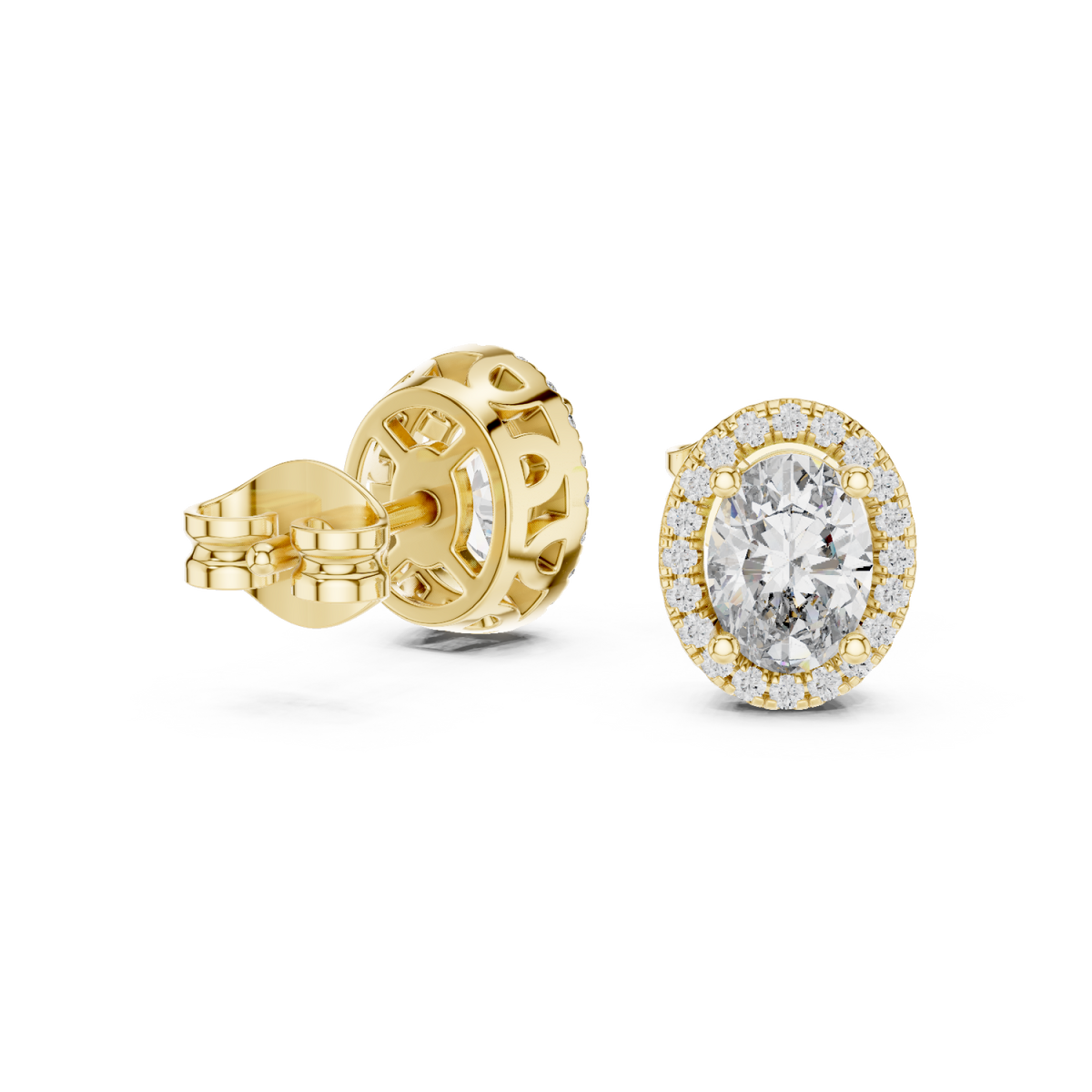 Gold Vintage Oval Diamond Halo Studs Front View