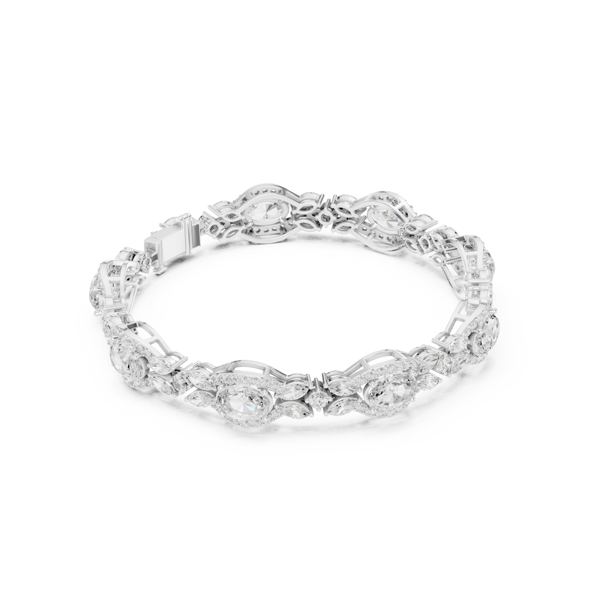  White Gold Vintage Oval Marquise Halo Link Bracelet Front View